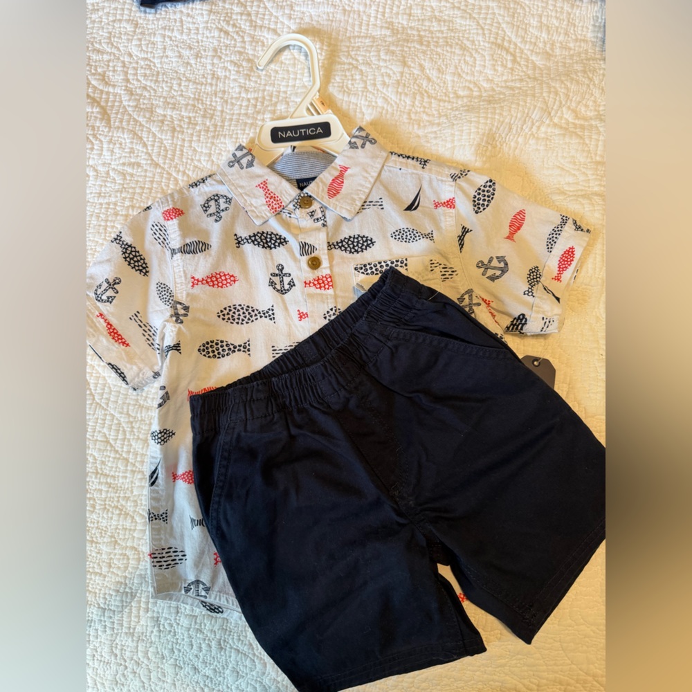 Nautica Toddler Short-Sleeve Fish & Anchor Shirt in White, Red, Navy